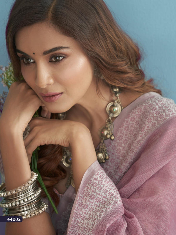 Baby Pink Soft Linen Silk With Chikankari Weaved Border Saree R1