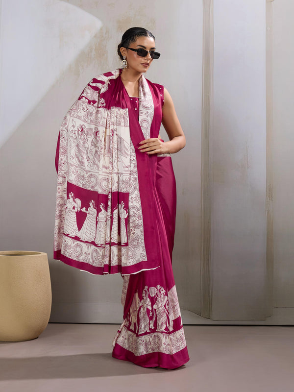 Anemones Maroon Ajrakh Printed Satin Crepe Silk Saree