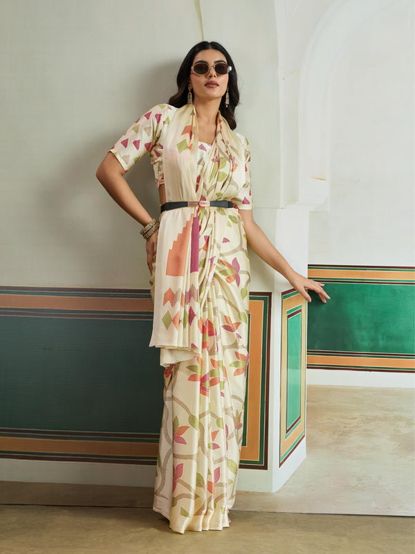 Windstor Cream Modal Ajrakh Printed Satin Silk Saree