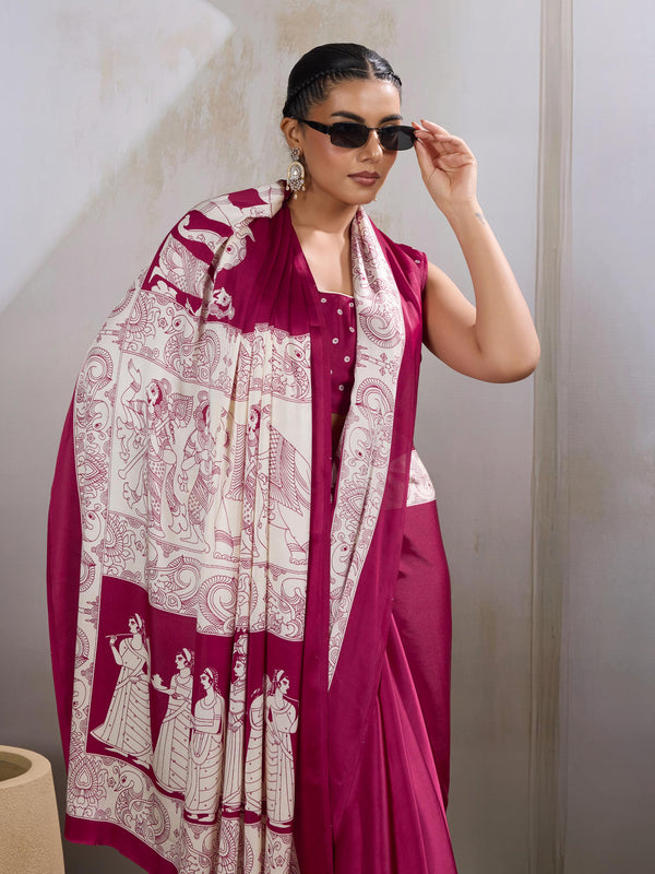 Anemones Maroon Ajrakh Printed Satin Crepe Silk Saree