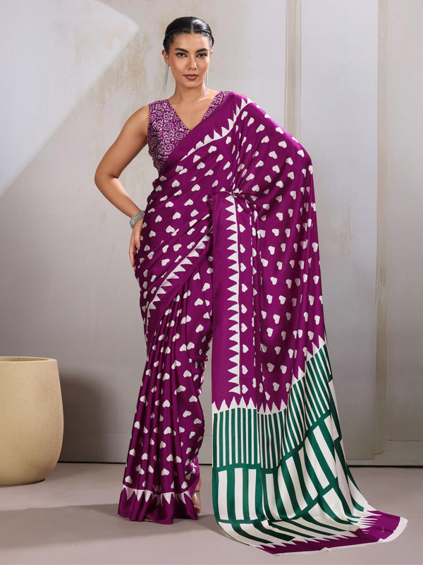 Amethyst Wine Ajrakh Printed Satin Crepe Silk Saree