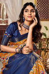 Adoring Blue And Mustard Printed Satin Saree
