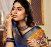 Adoring Blue And Mustard Printed Satin Saree