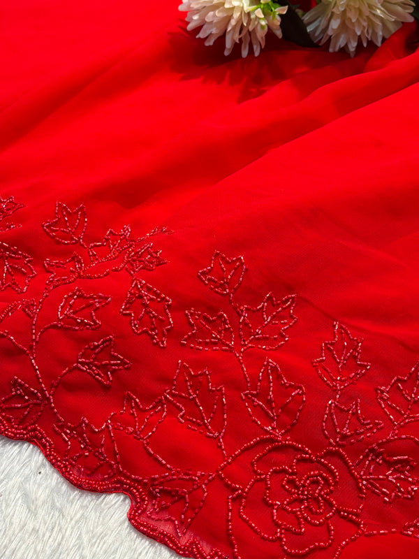 Royal Red Embroidered Georgette Saree with Designer Blouse Piece