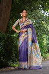 Autumn Purple Tussar Silk Kalamkari Printed Saree With Blouse