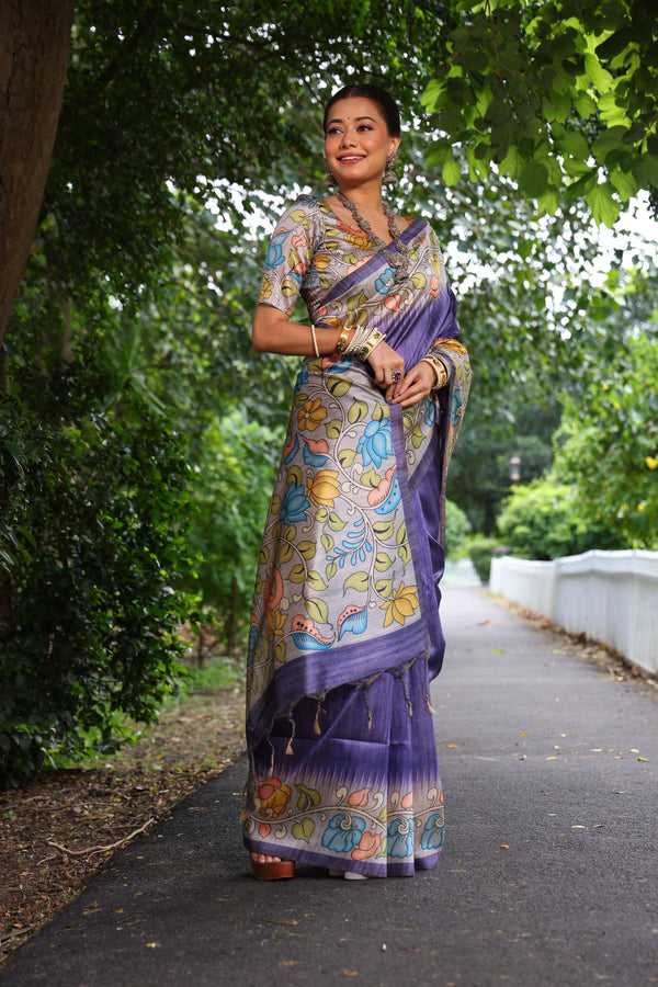 Autumn Purple Tussar Silk Kalamkari Printed Saree With Blouse