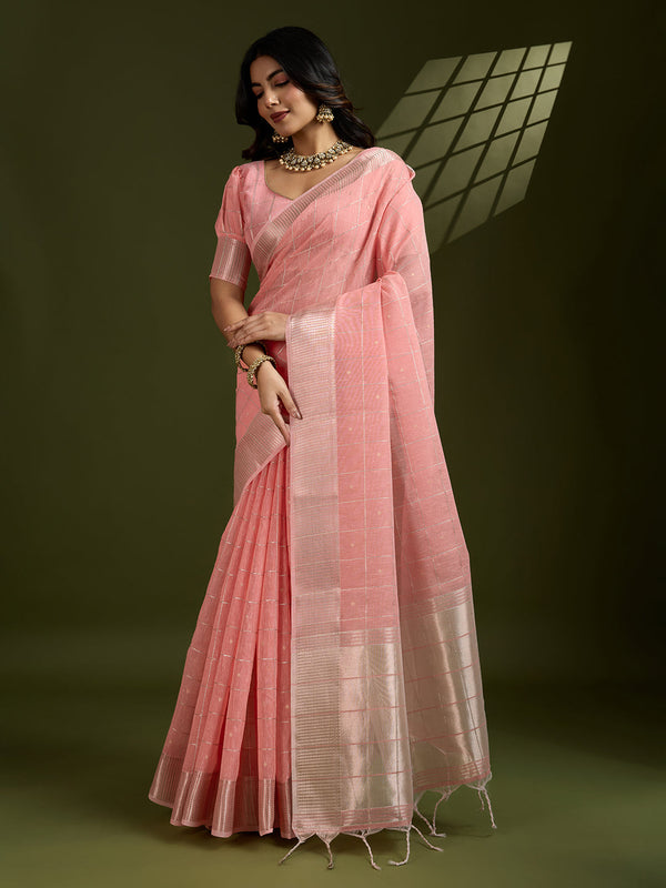 Apricot Peach Linen Tissue Silk Saree