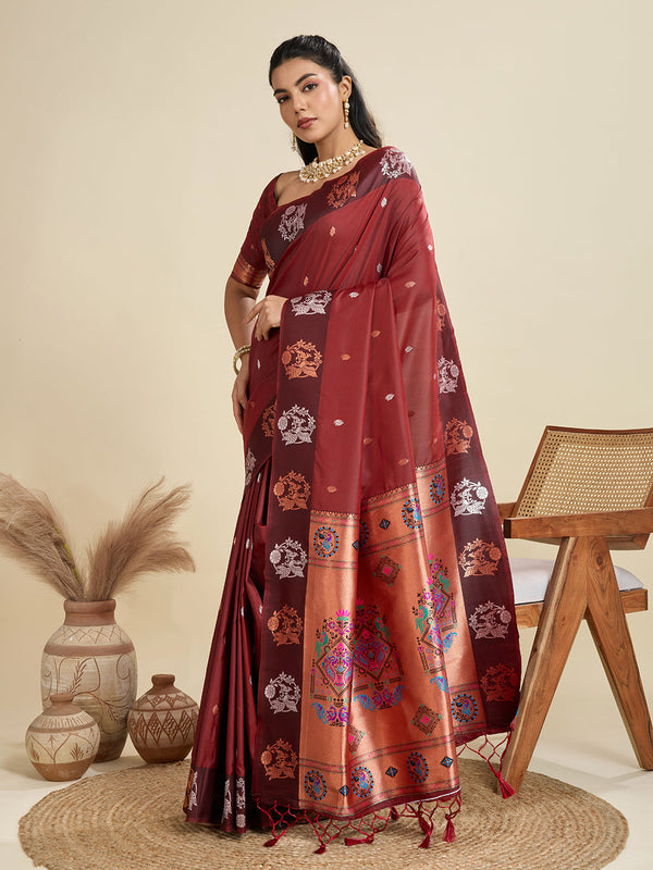 Ailurophile Maroon Paithani Silk Saree With Ethnic Blouse Piece