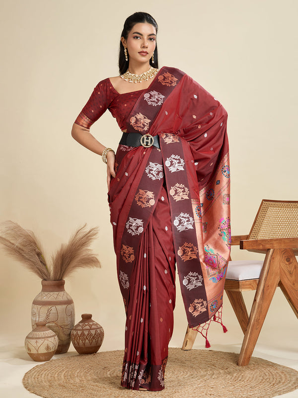 Ailurophile Maroon Paithani Silk Saree With Ethnic Blouse Piece