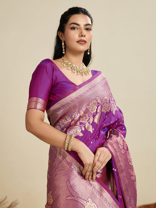 Amethyst Wine Zari Woven Soft Kanjivaram Designer Silk Saree