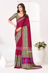 Wine Ajrakh Printed Modal Silk Saree With Ajrakh Blouse