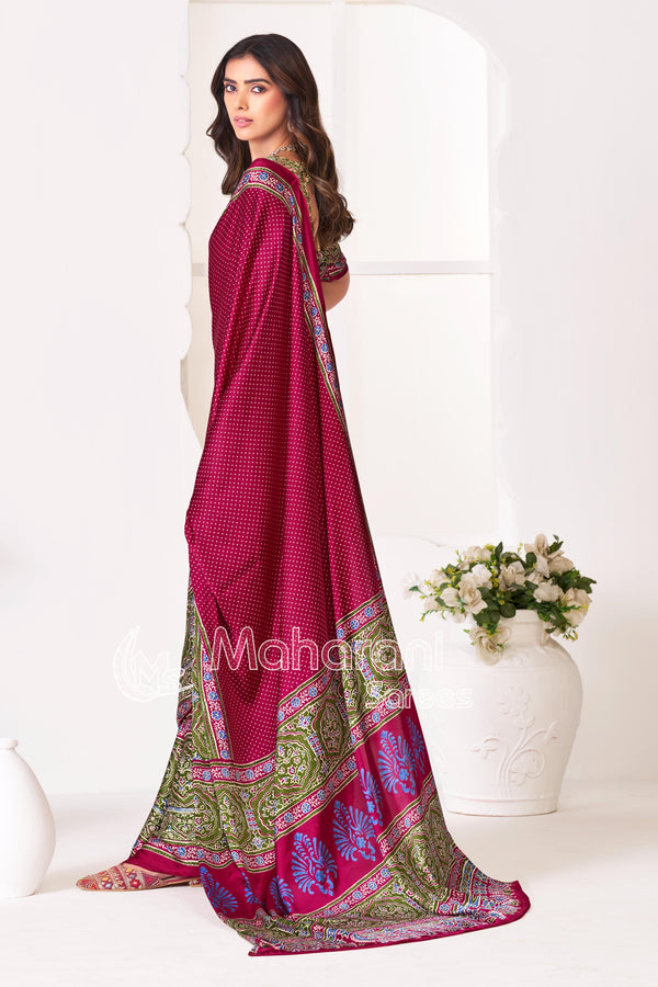 Wine Ajrakh Printed Modal Silk Saree With Ajrakh Blouse