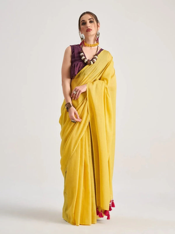Yellow Mul Mul Cotton Saree With Blouse