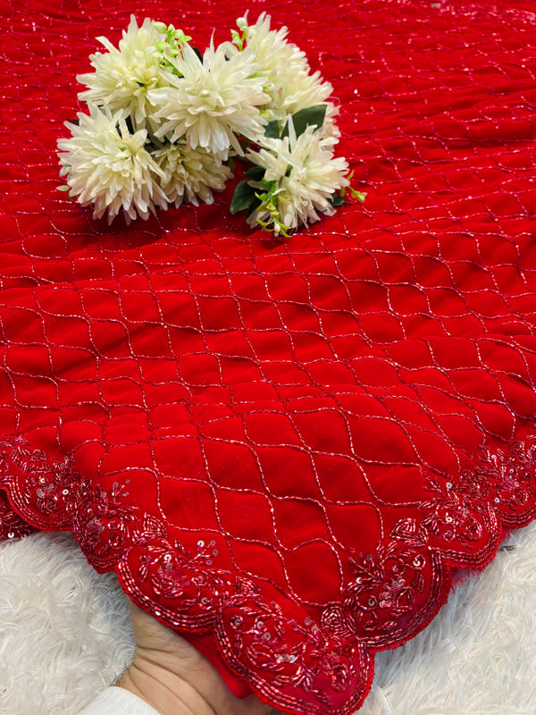 Red Georgette Saree with Heavy Designer Blouse – Party & Wedding Wear