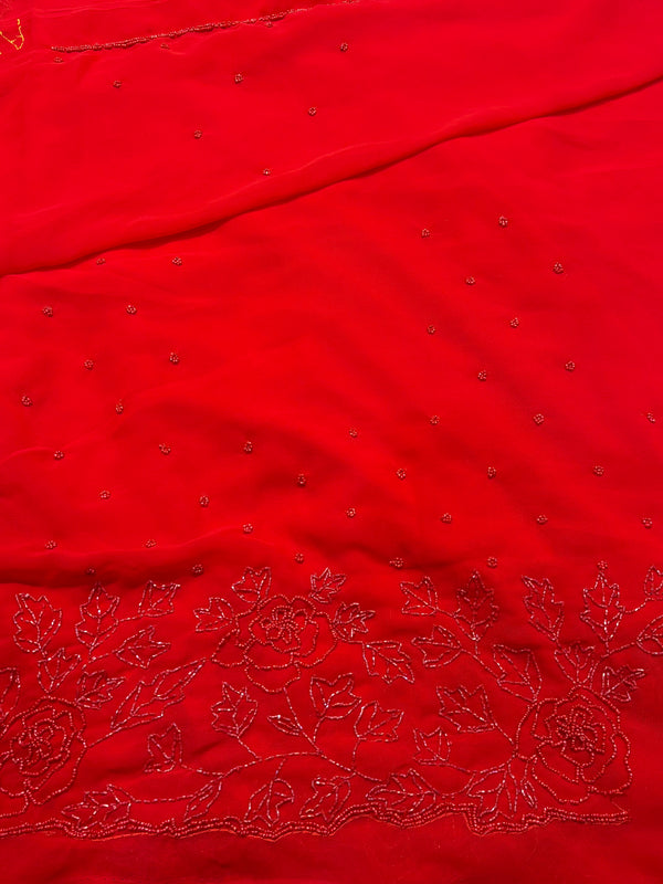 Royal Red Embroidered Georgette Saree with Designer Blouse Piece