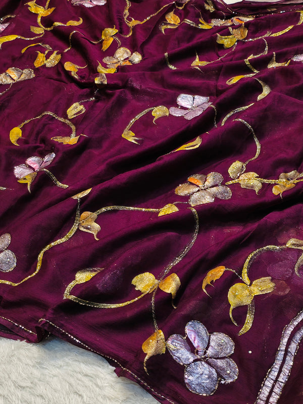 Semi Chiffon Brush Paint Saree with Unstitched Blouse Piece
