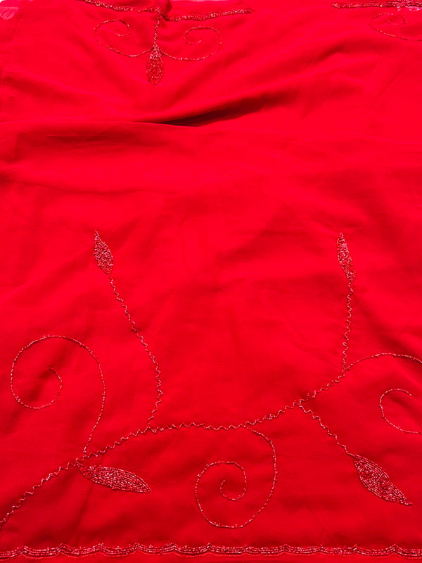 Elegant Red Embroidered Georgette Saree With Matching Blouse Piece