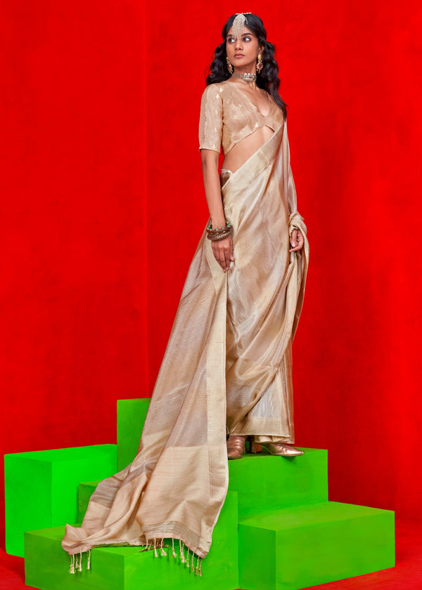 Beautiful Beige Woven Banarasi Tissue Silk Saree