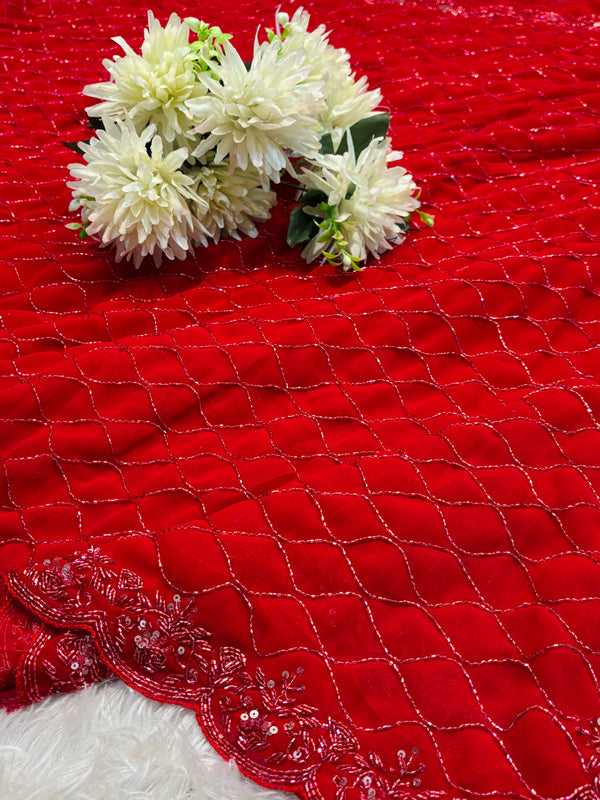 Red Georgette Saree with Heavy Designer Blouse – Party & Wedding Wear