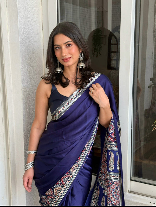 Ajrakh Printed Modal Silk Plain Saree With Ajrakh Blouse P6