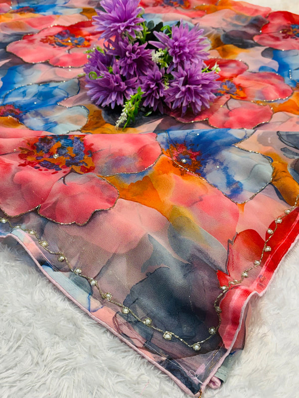 Floral Print Saree – Elegant Flower Design Party & Casual Wear Saree