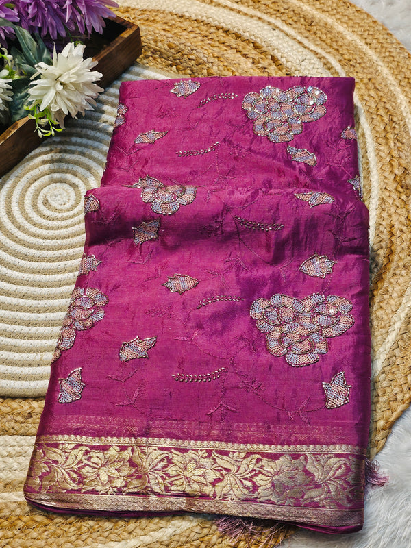 Premium Chinon Saree with Elegant Designer Work & Matching Blouse