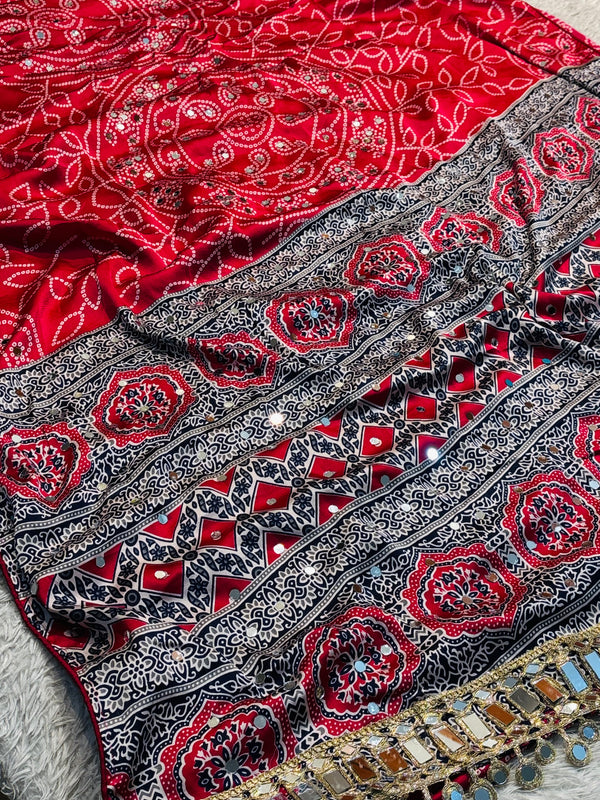 Premium Ajrakh Modal Silk Saree with Traditional Handblock Print