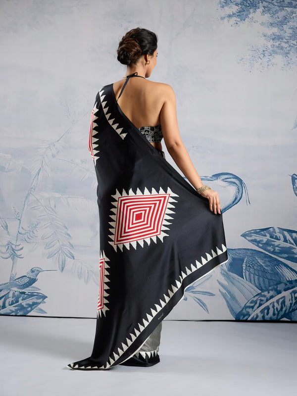 Asphalt Black Ajrakh Printed Satin Crepe Silk Saree