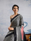 Asphalt Black Ajrakh Printed Satin Crepe Silk Saree