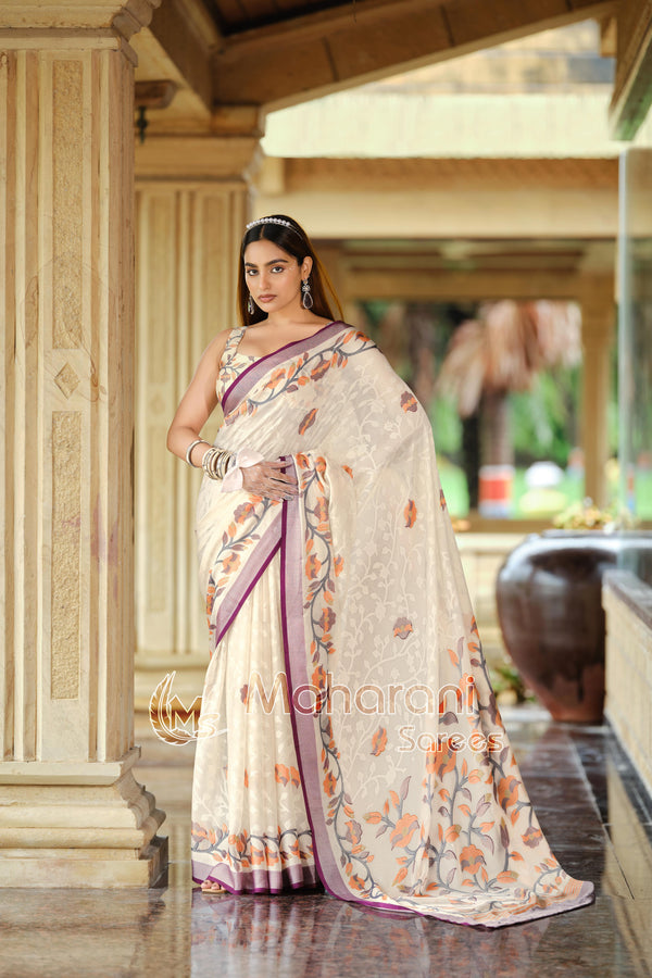 Wine And Creamy Jamdani Soft Silk Saree