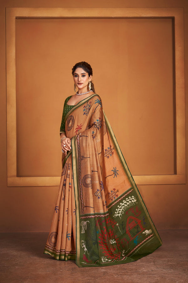 Ajrakh With Kalamkari Hand Block Print Maslin silk Saree and Maheshwari Border add Pretty Blouse KM1-2