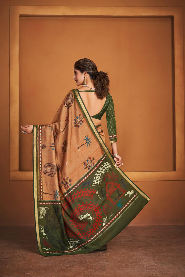 Ajrakh With Kalamkari Hand Block Print Maslin silk Saree and Maheshwari Border add Pretty Blouse KM1-2