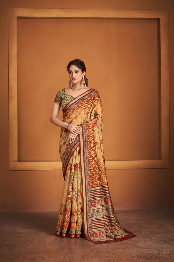 Ajrakh With Kalamkari Hand Block Print Maslin Silk Saree And Maheshwari Border Add Pretty Blouse KM1-4