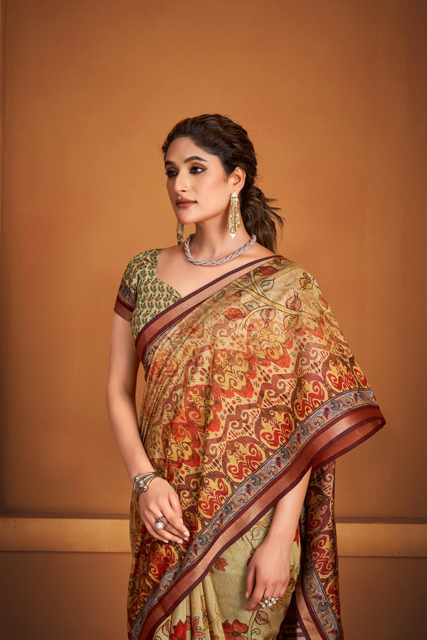 Ajrakh With Kalamkari Hand Block Print Maslin Silk Saree And Maheshwari Border Add Pretty Blouse KM1-4