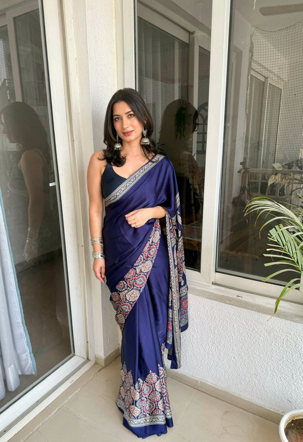 Ajrakh Printed Modal Silk Plain Saree With Ajrakh Blouse P6