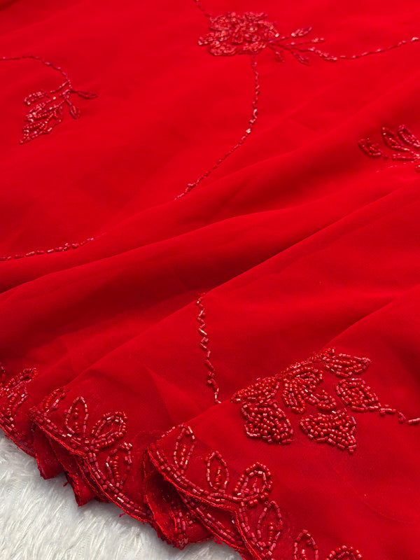 Elegant Red Embroidered Net Saree with Designer Border