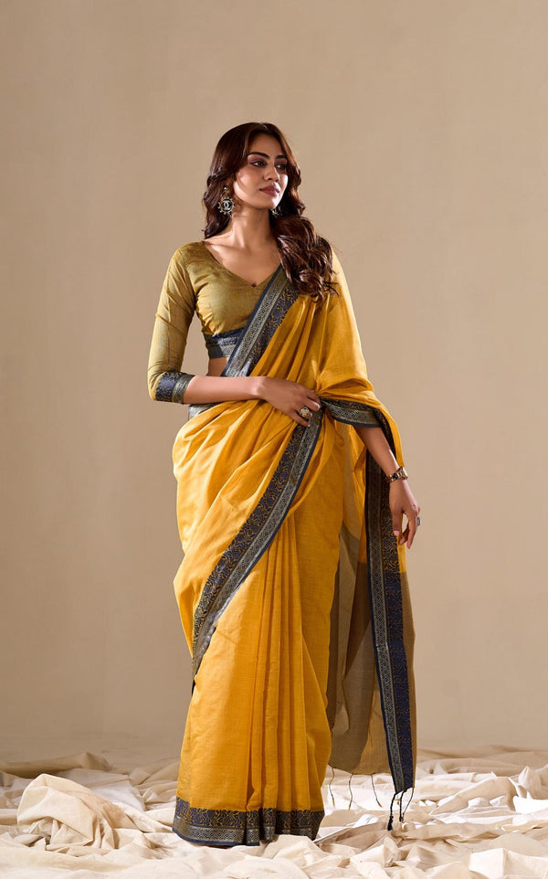 Yellow Handloom Linen Cotton Plain Saree RP1