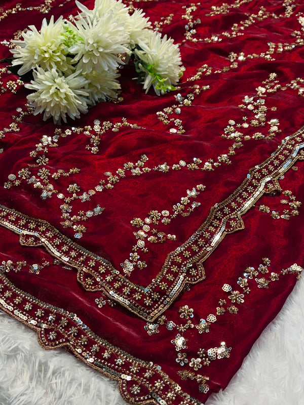 Embroidered Party Wear Saree in Blue, Purple & Maroon with Heavy Border