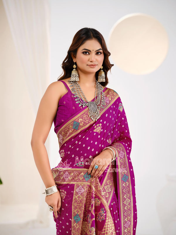 Wine Khaddi Gajji Silk Handloom Banarasi BandhejSaree