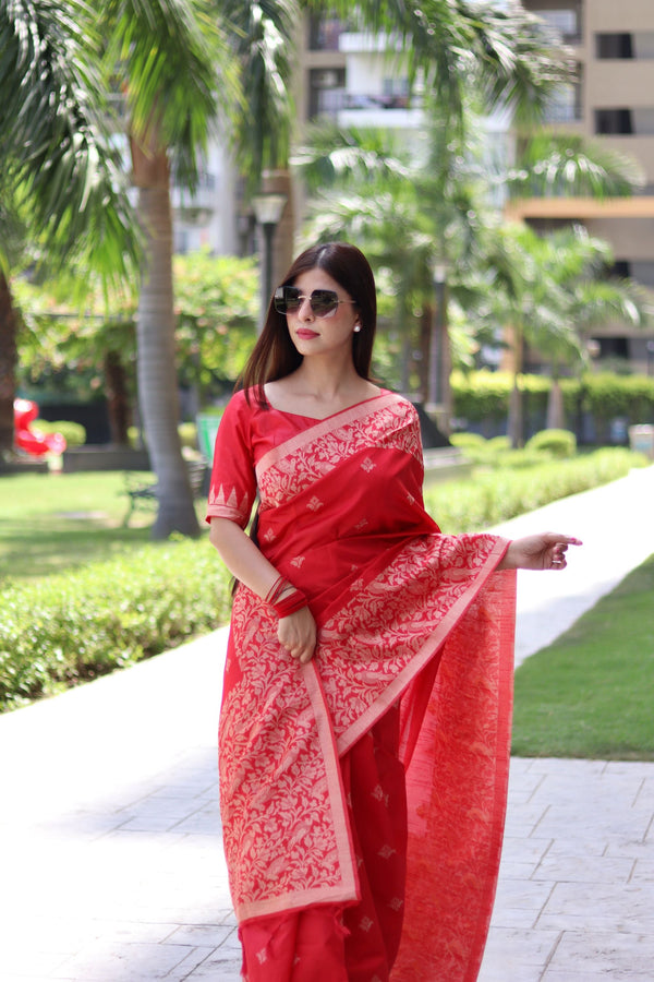 Apple Red Handloom Woven Raw Silk Saree With Blouse Piece