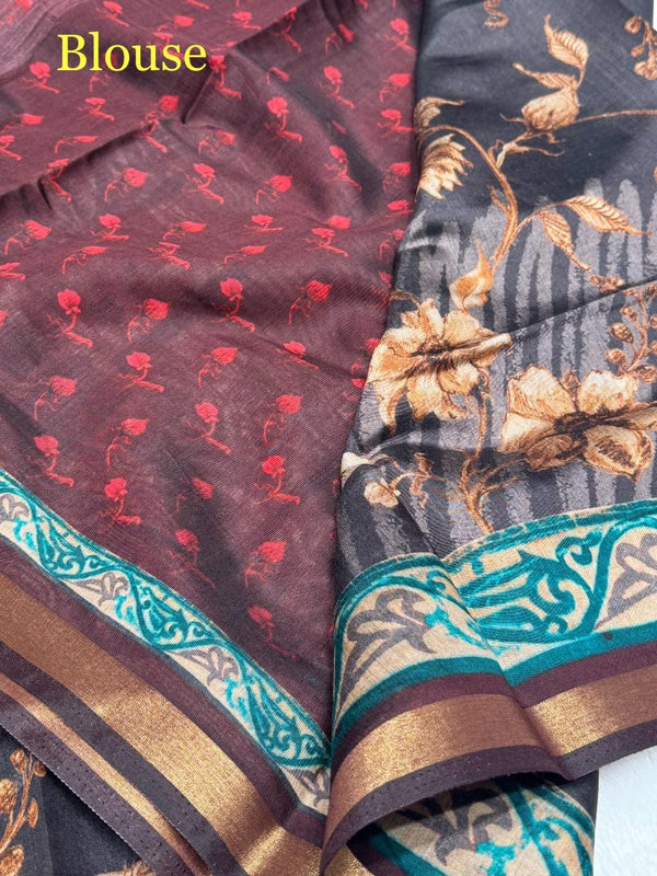 Ajrakh With Kalamkari Design Hand Block Print Maslin silk Saree K4
