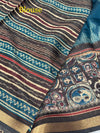 Ajrakh With Kalamkari Design Hand Block Print Maslin silk Saree K5