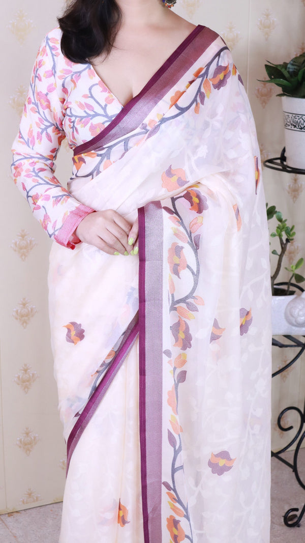 Wine And Creamy Jamdani Soft Silk Saree