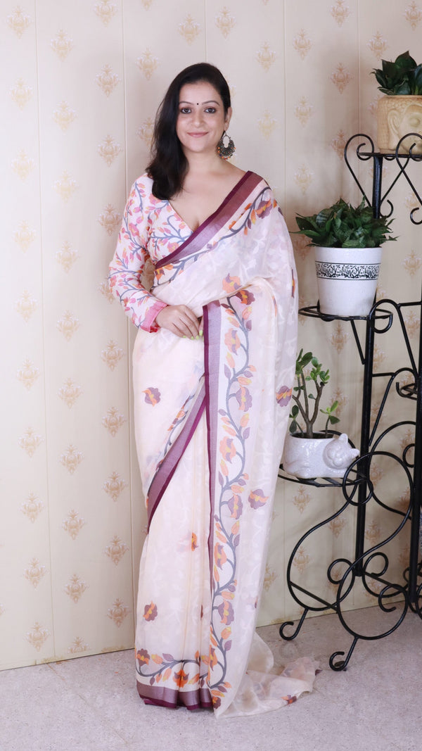 Wine And Creamy Jamdani Soft Silk Saree