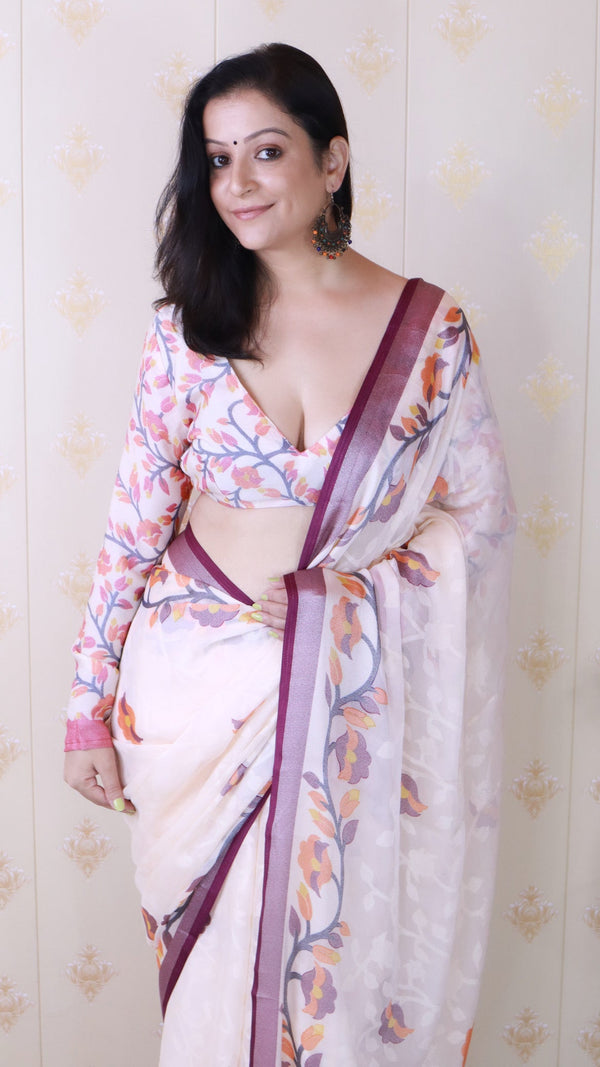 Wine And Creamy Jamdani Soft Silk Saree