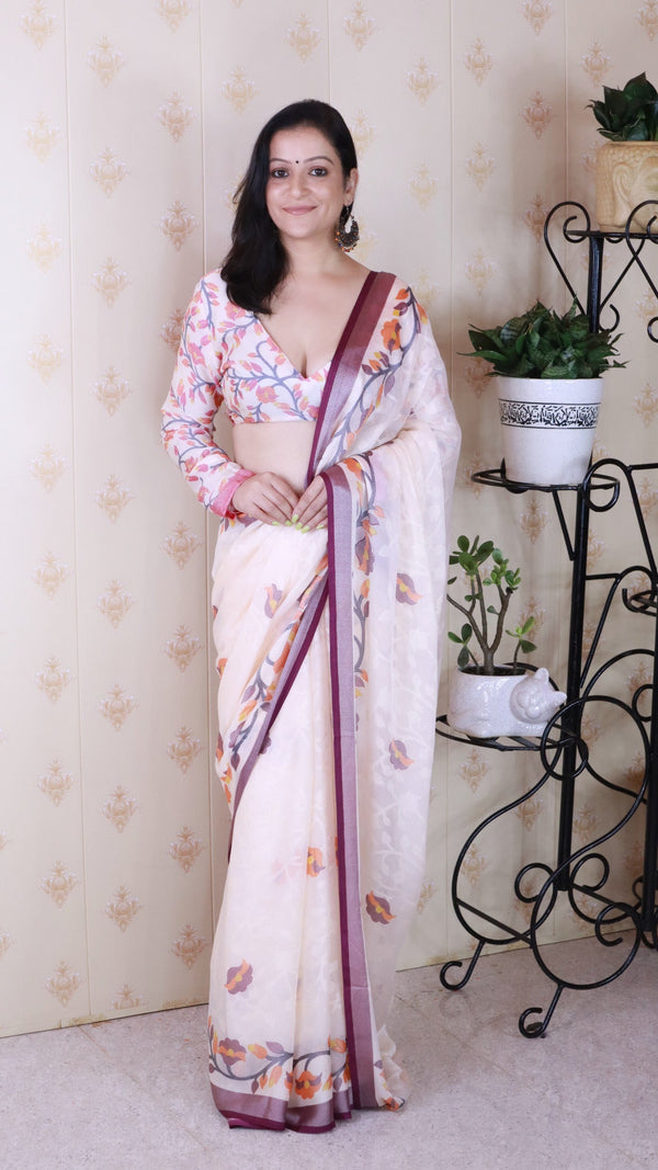 Wine And Creamy Jamdani Soft Silk Saree