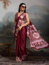 Anemones Maroon Ajrakh Printed Satin Crepe Silk Saree