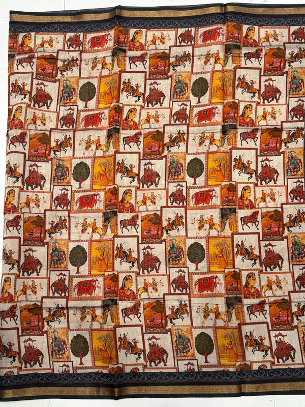 Ajrakh With Kalamkari Design Hand Block Print Maslin Soft Silk Saree M2