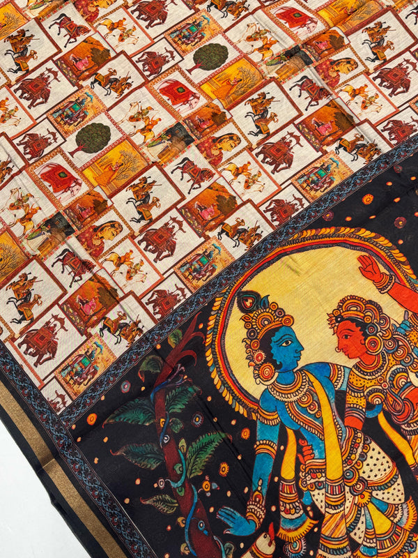 Ajrakh With Kalamkari Design Hand Block Print Maslin Soft Silk Saree M2