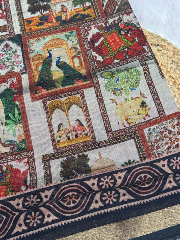 Ajrakh With Kalamkari Design Hand Block Print Maslin Soft Silk Saree M3